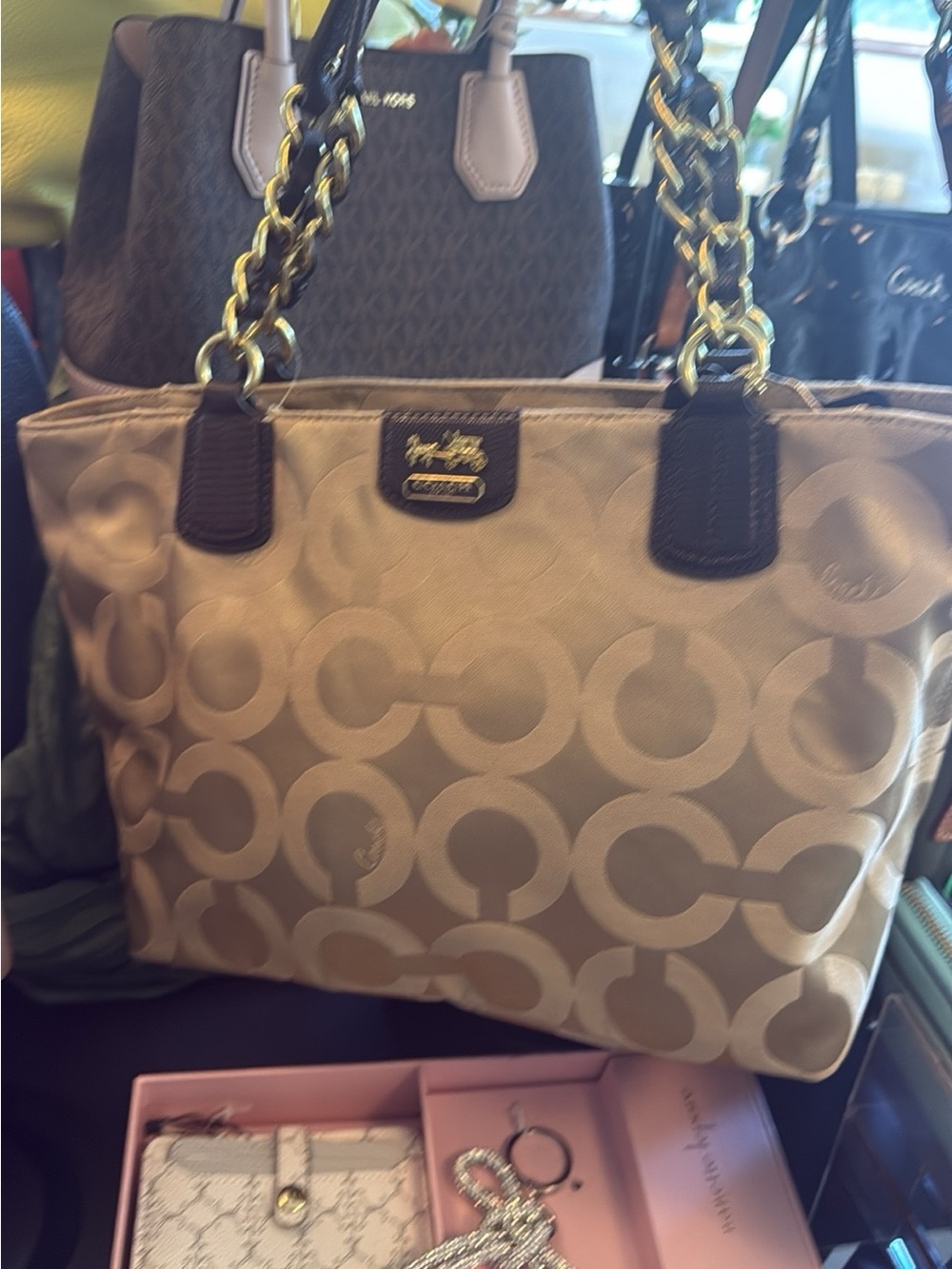 Coach gold Signature Tote with Dark Brown Trim and Gold Chains